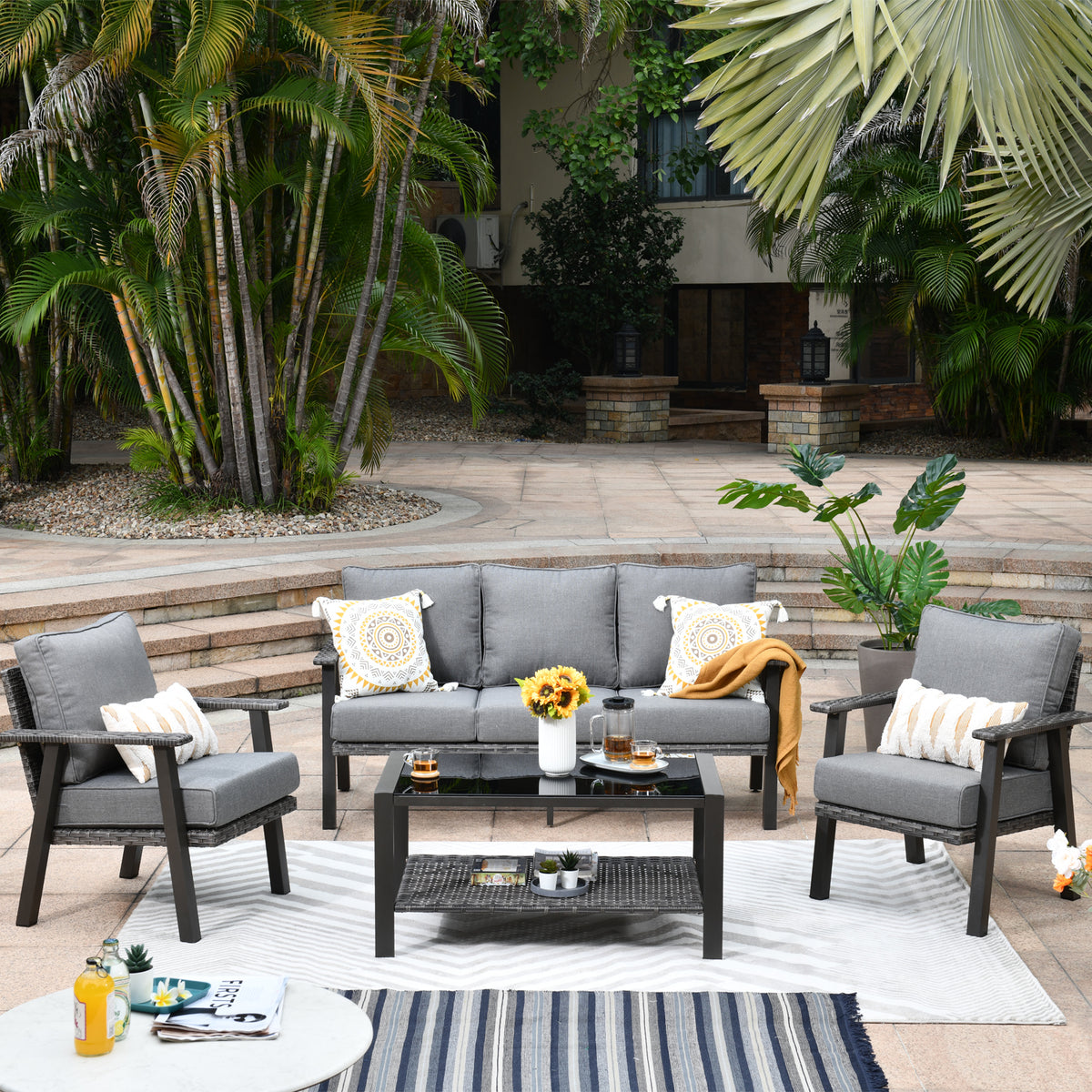 4 Piece Outdoor Wicker Sectional Sofa with 5" Cushions Q258023