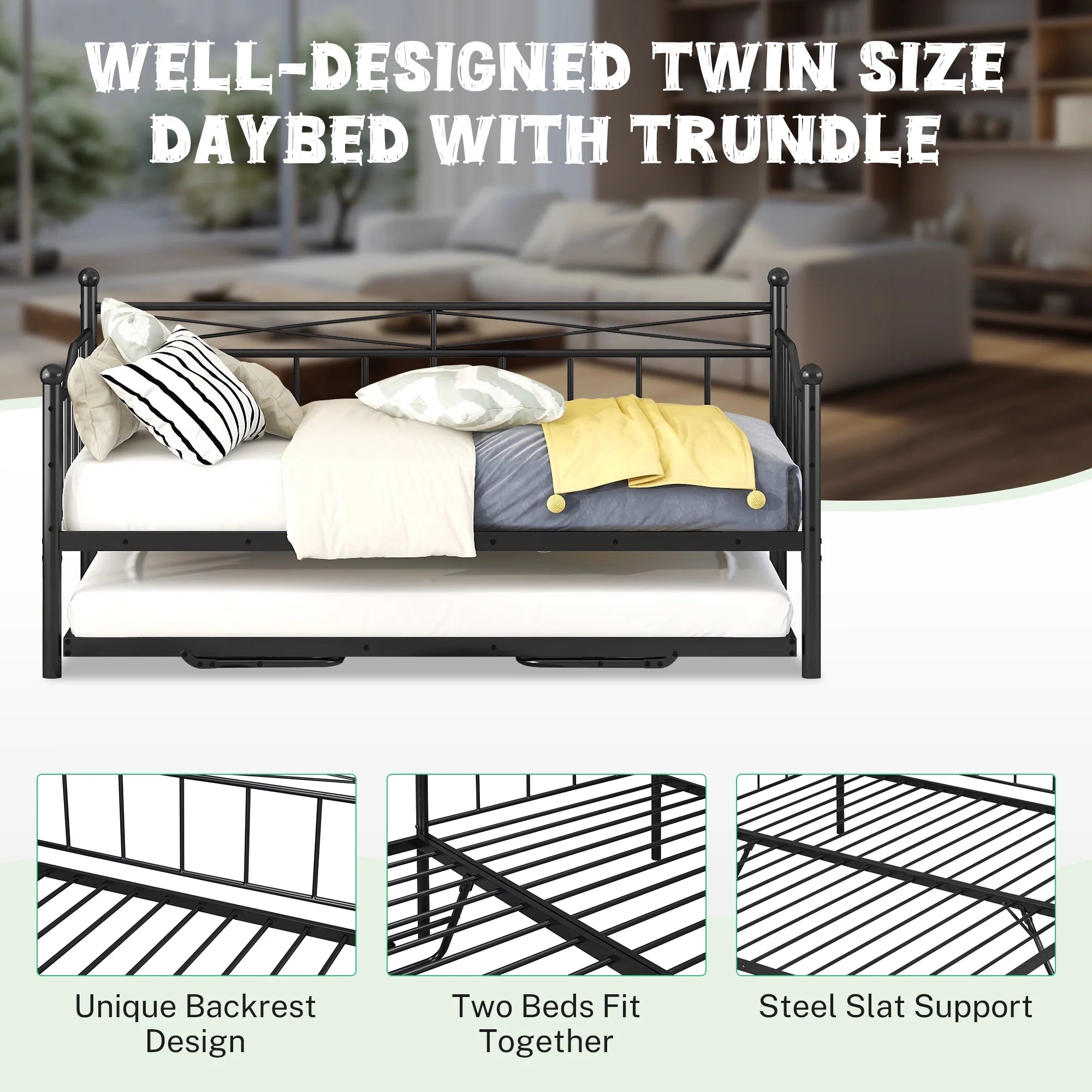Black Twin Size Metal Daybed with Trundle E633070