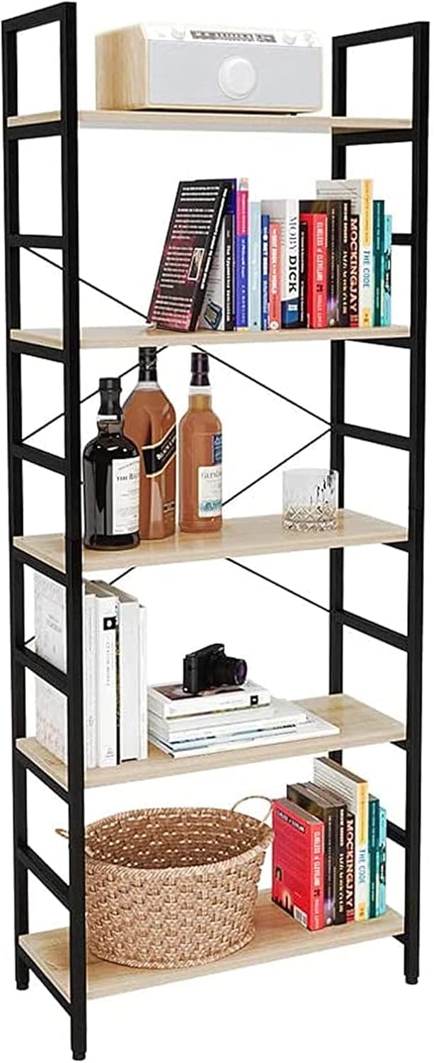 5 Tier Grey Wood Bookcase with Adjustable Shelves T216558