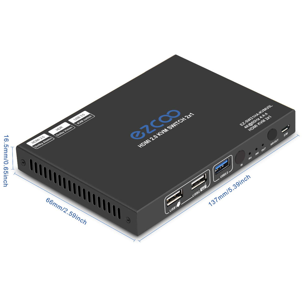 USB 3.0 KVM Switch HDMI 2-Port 4K60 HDR with Stereo Audio Extractor and IR Remote S329966