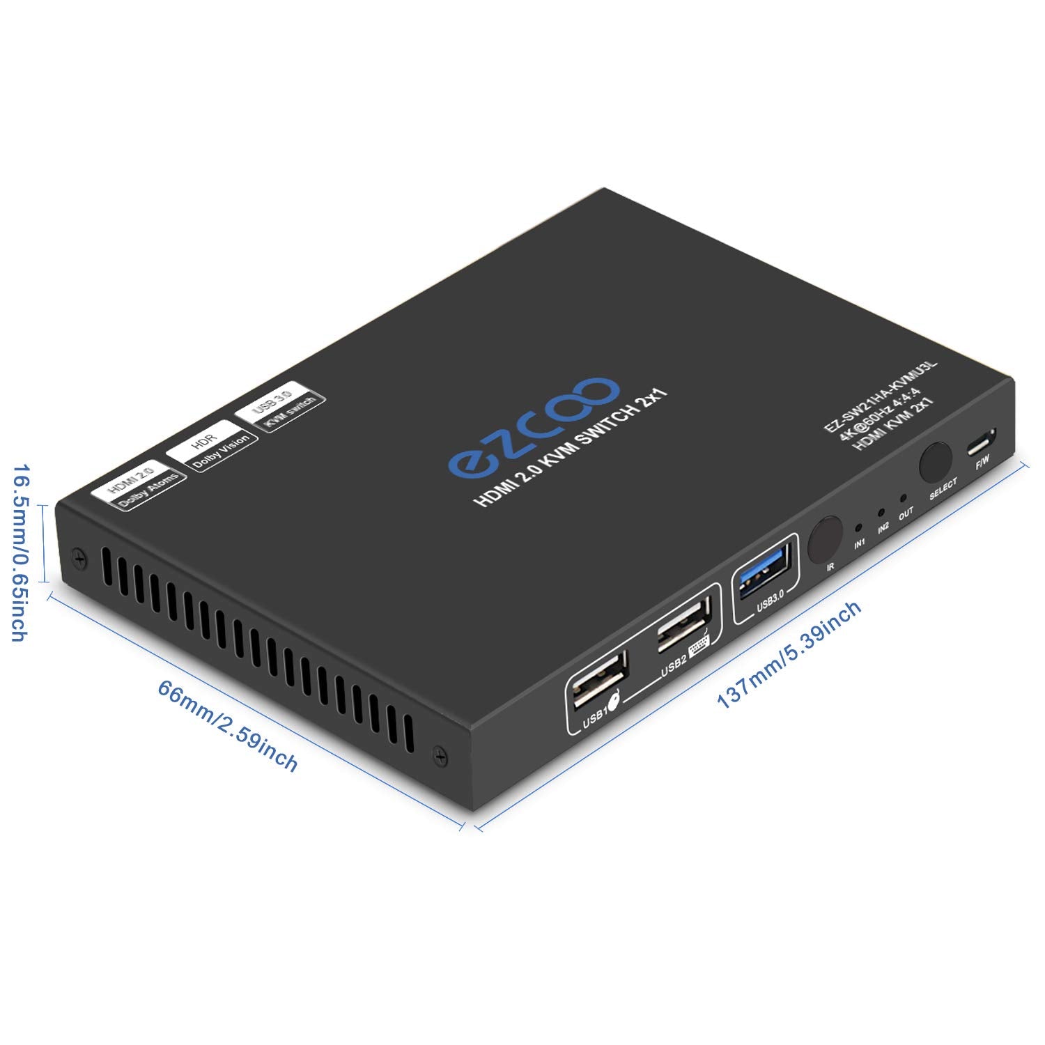 USB 3.0 KVM Switch HDMI 2-Port 4K60 HDR with Stereo Audio Extractor and IR Remote S329966