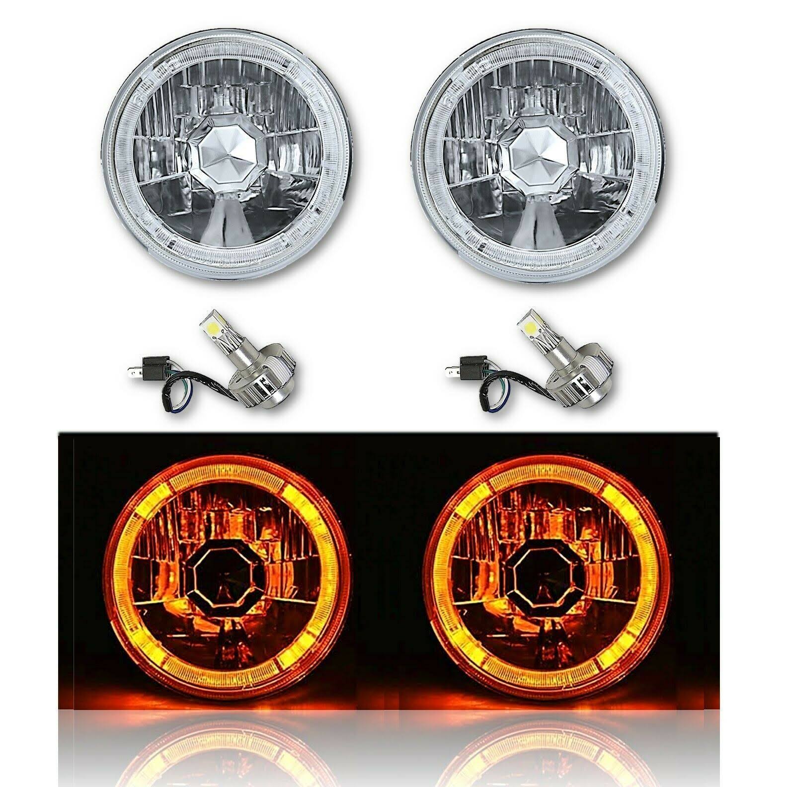 Amber LED Halo Angel Eye Crystal Clear Headlight Pair S413