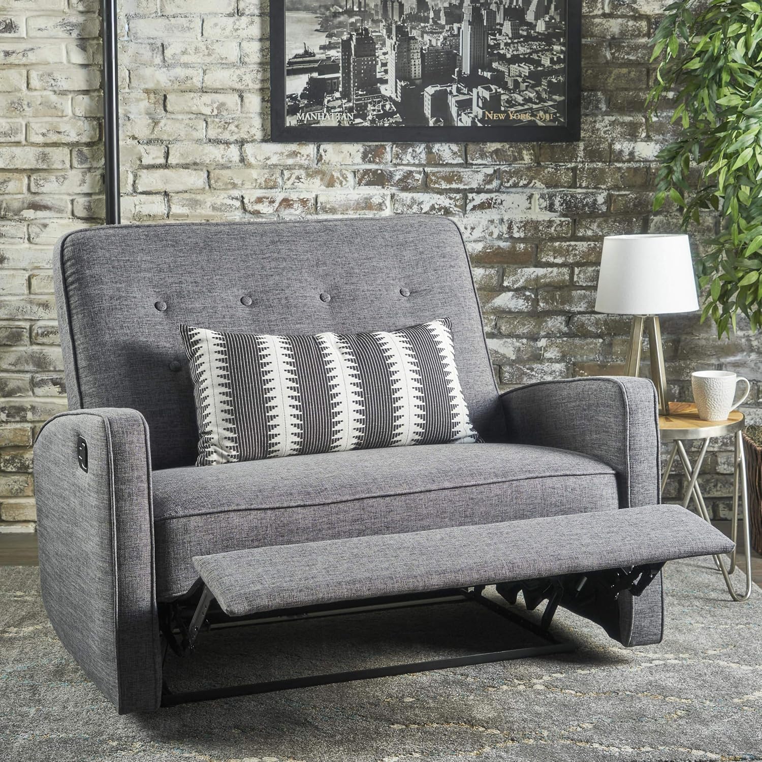 Grey Black Buttoned Fabric Reclining Loveseat F15642