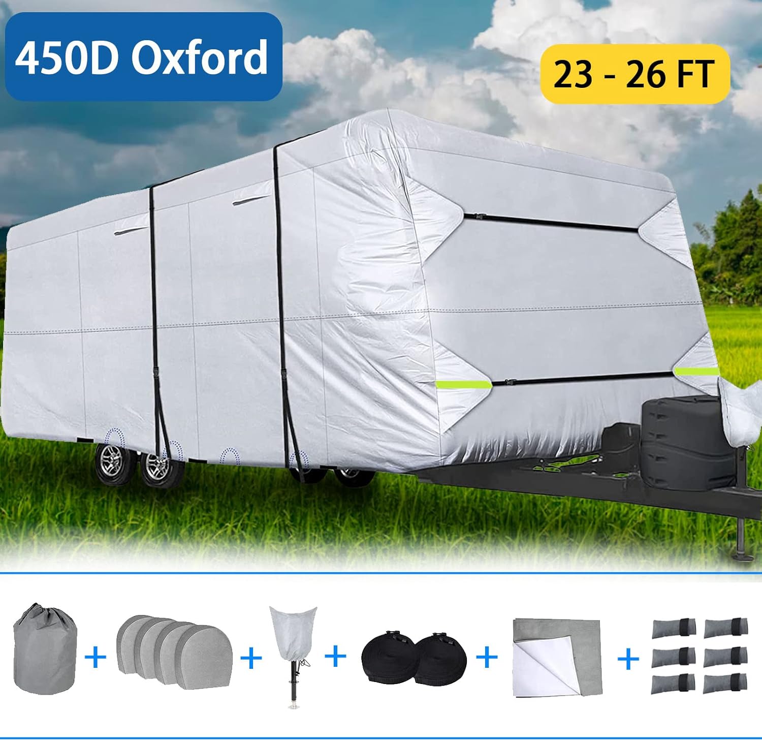 450D Double Oxford Cloth Travel Trailer RV Cover with Lashing Straps Z69816