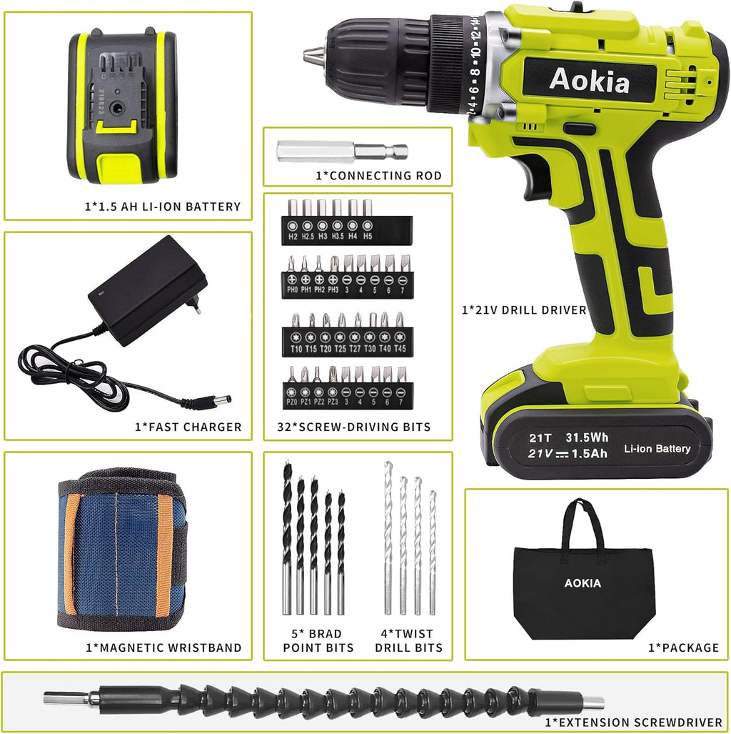 21V Cordless Drill Driver Tool Kit 43pcs Drill Bits R6142
