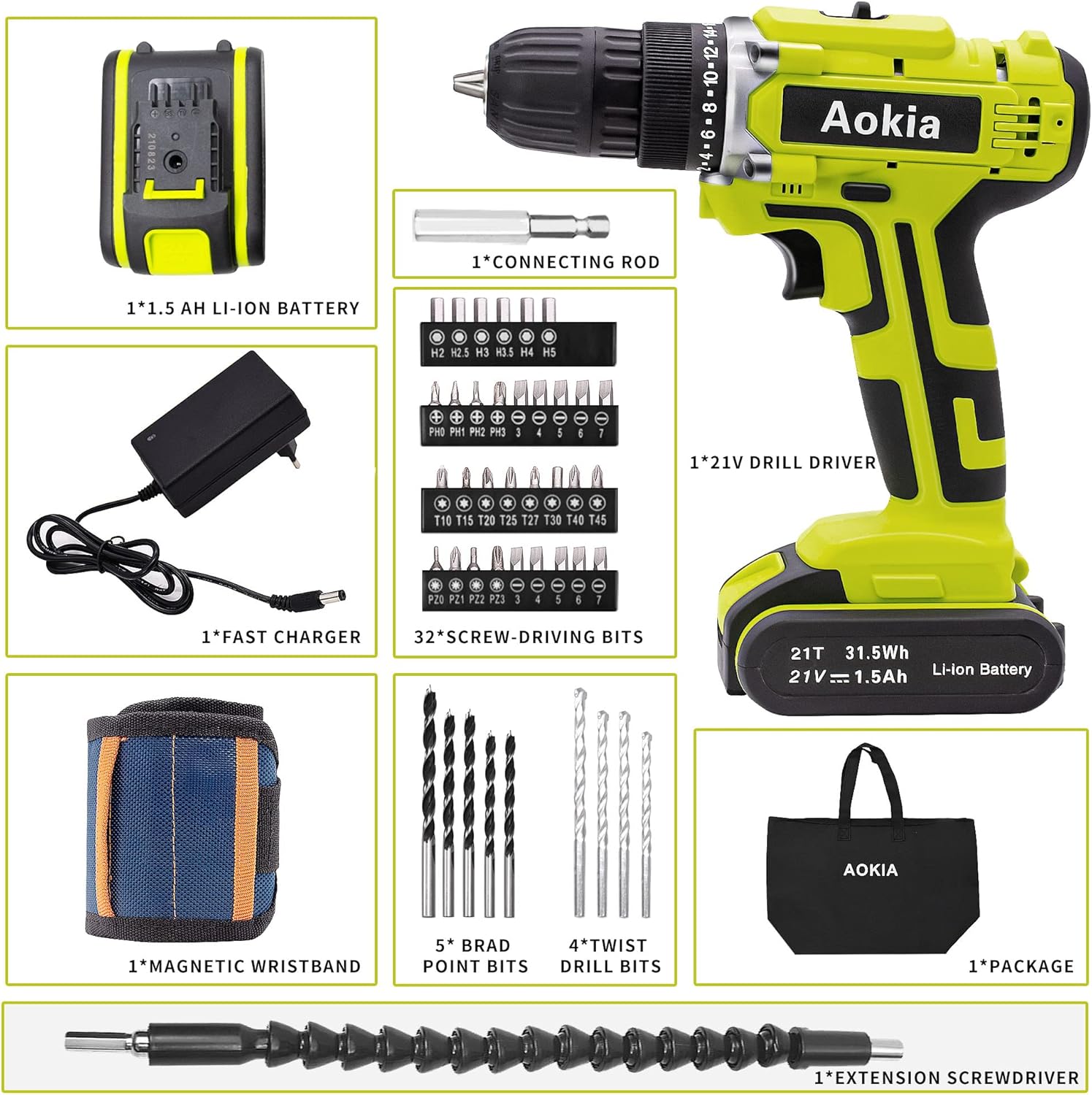 21V Cordless Drill Driver Tool Kit 43pcs Drill Bits R6142