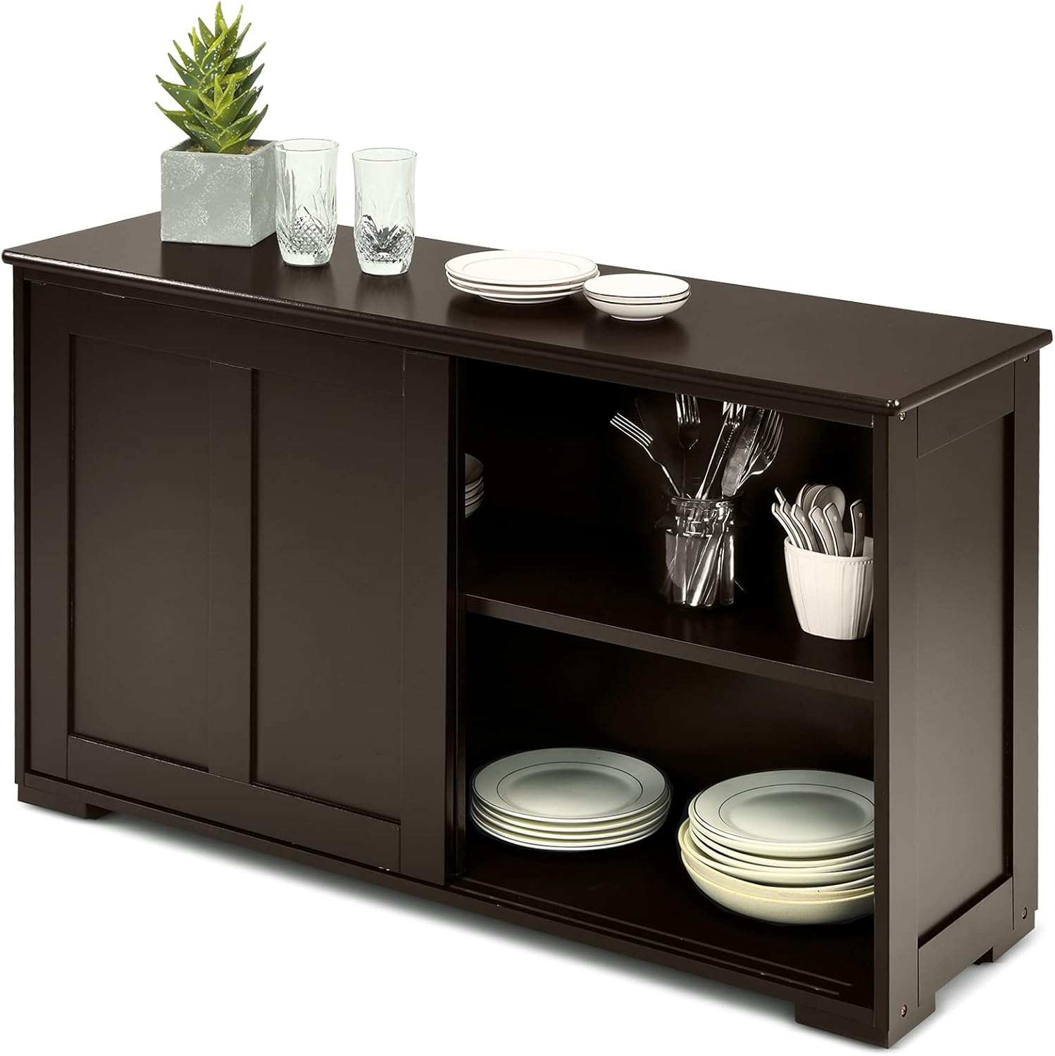 Brown Double-Layer Sliding Slat Door Storage Cabinet K64881