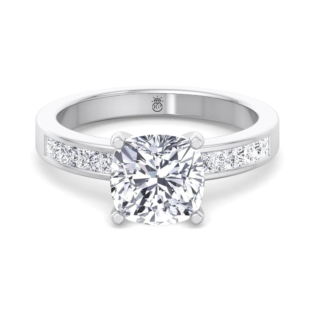 Moissanite Cushion Cut Lab Diamond Engagement Ring With Princess Cut Sidestones I1815