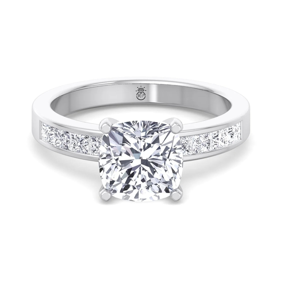 Moissanite Cushion Cut Lab Diamond Engagement Ring With Princess Cut Sidestones I1815