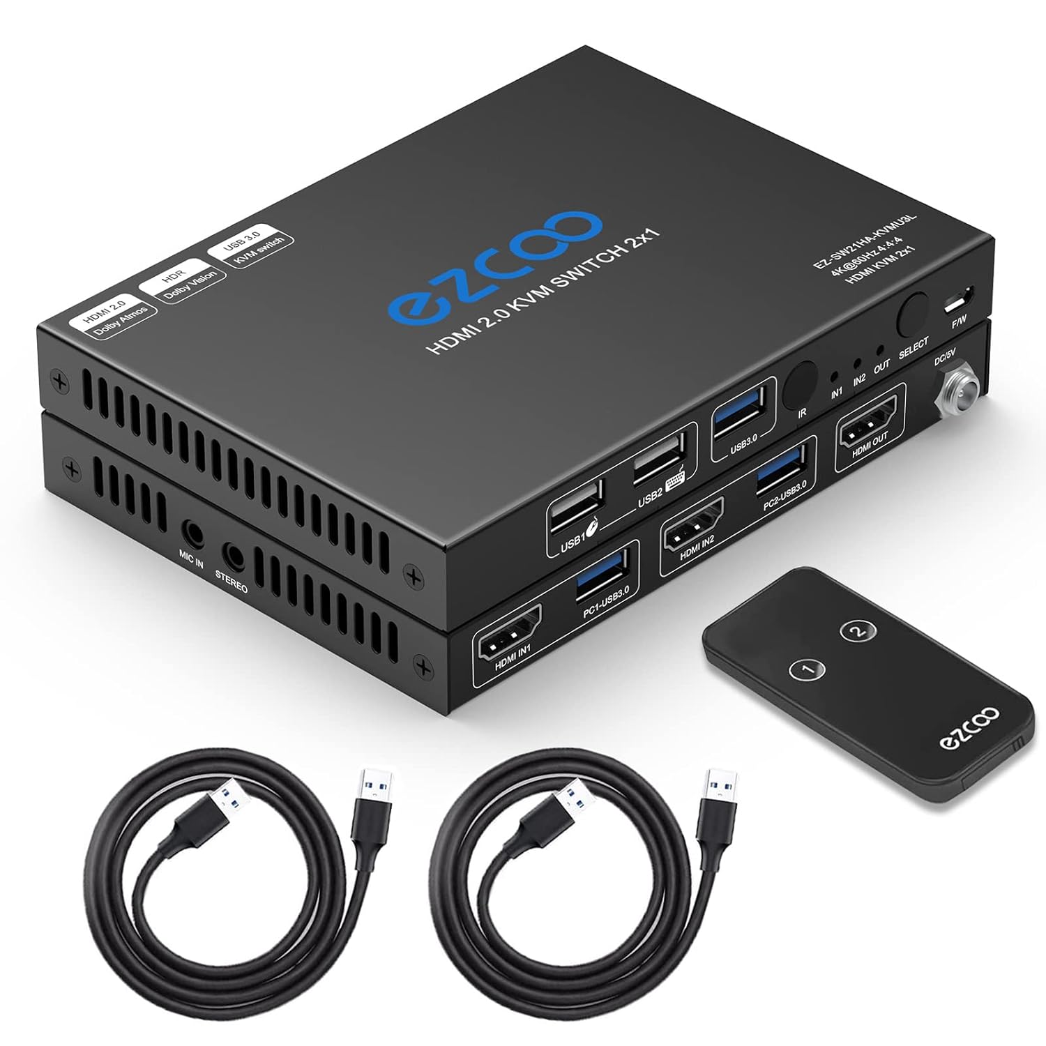 USB 3.0 KVM Switch HDMI 2-Port 4K60 HDR with Stereo Audio Extractor and IR Remote S329966