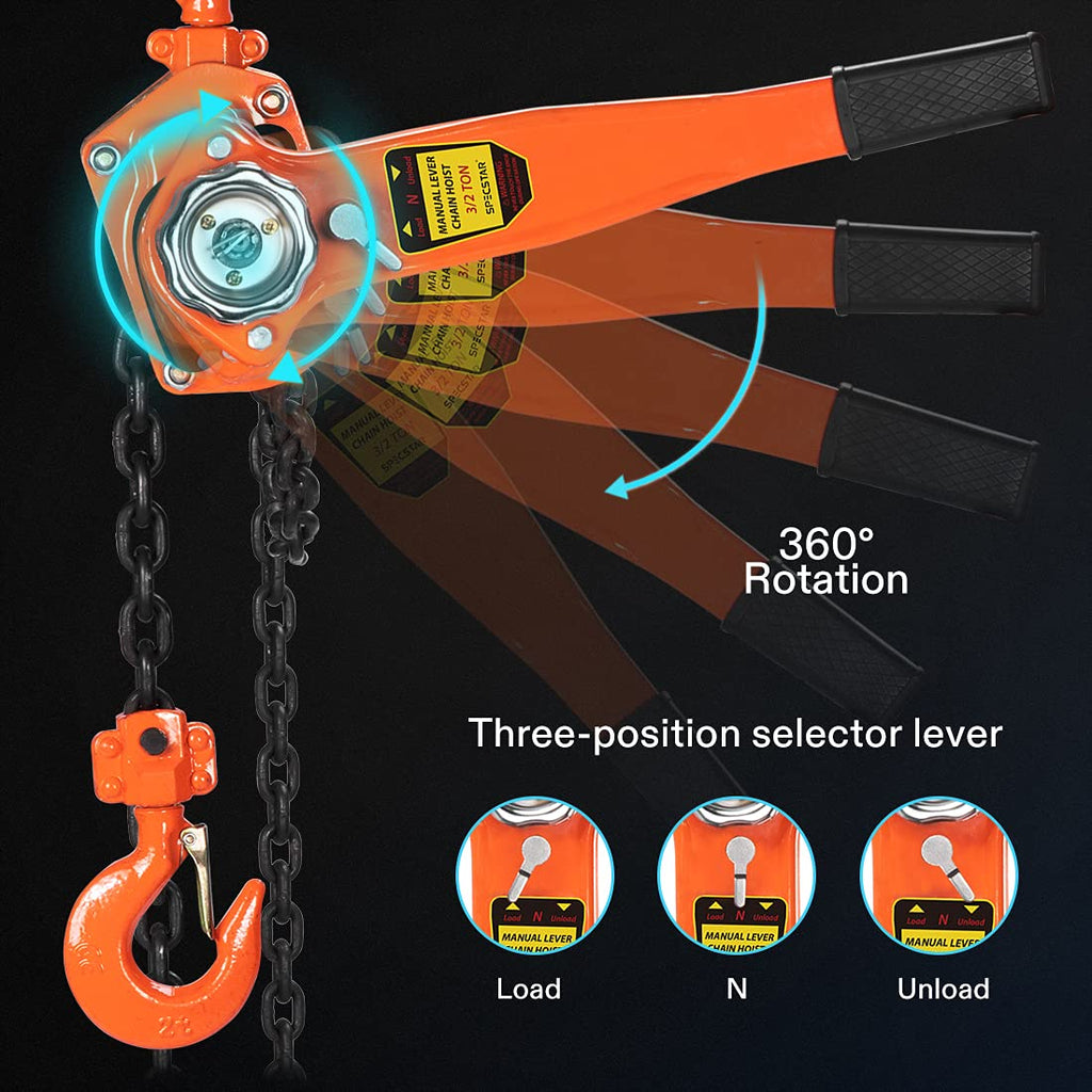 Lever Chain Hoist 1-1/2 Ton Capacity 10 Feet with 2 Hooks F7649