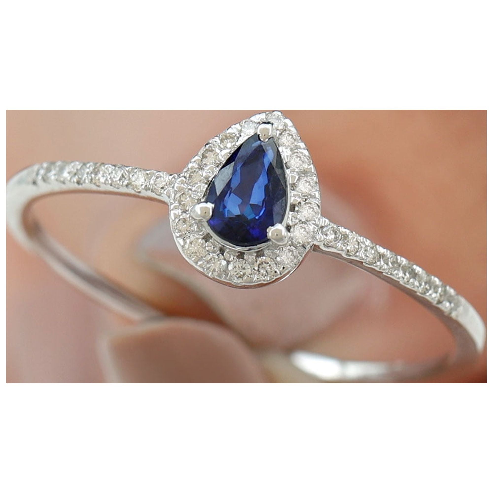 Pear Cut Blue Sapphire Teardrop Ring with Diamond Halo, 925 Sterling Silver, US 8.00 E38289