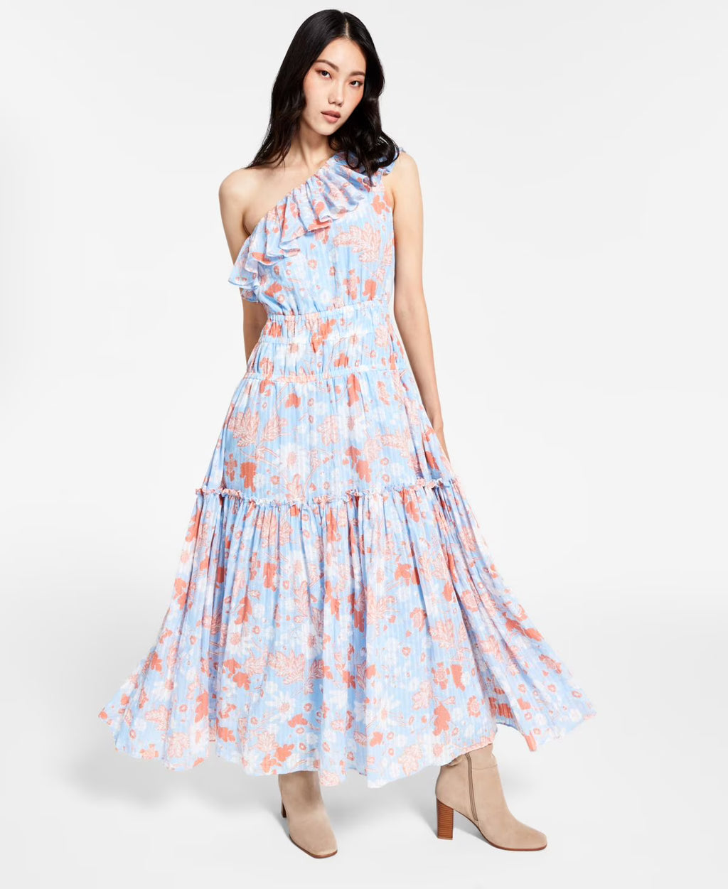 Cotton Ruffled One-Shoulder Maxi Dress Z807