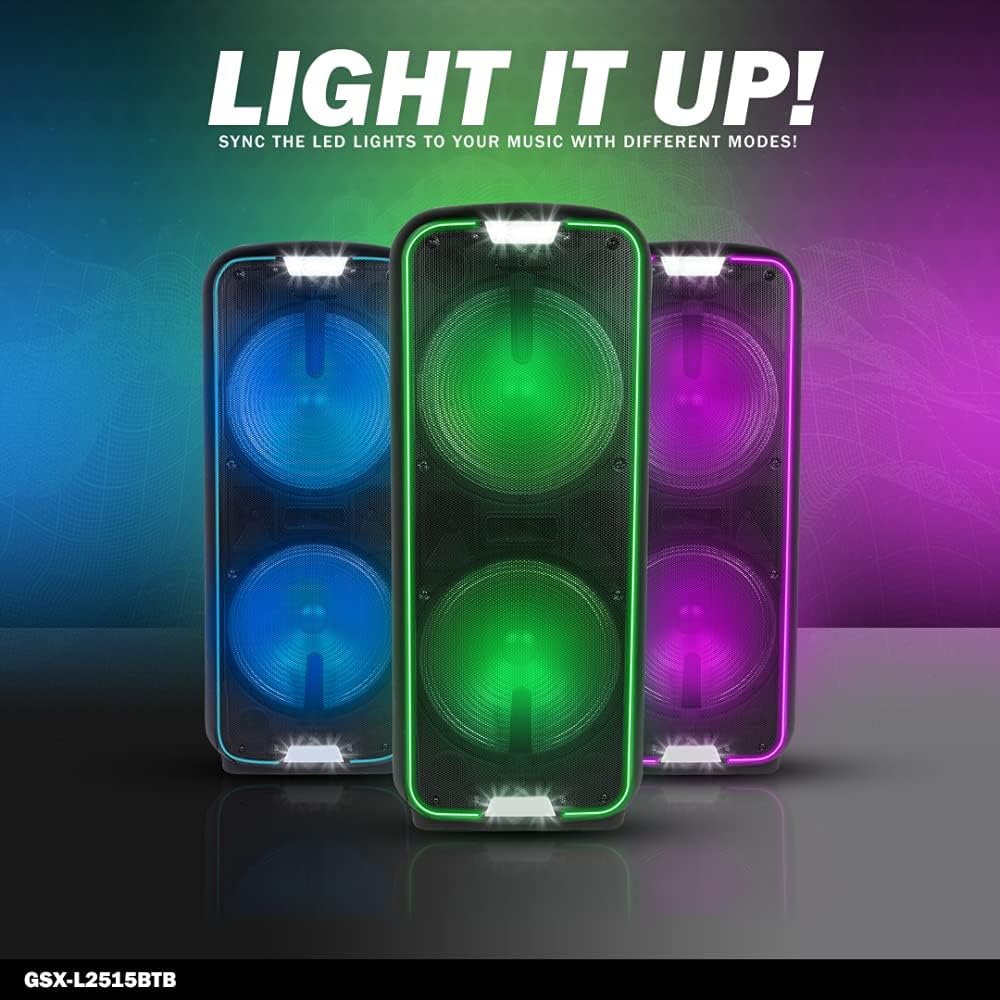 Wireless Rechargeable Portable Bluetooth LED PA System Speaker with 15 Inch Woofers and Karaoke Microphone L2222