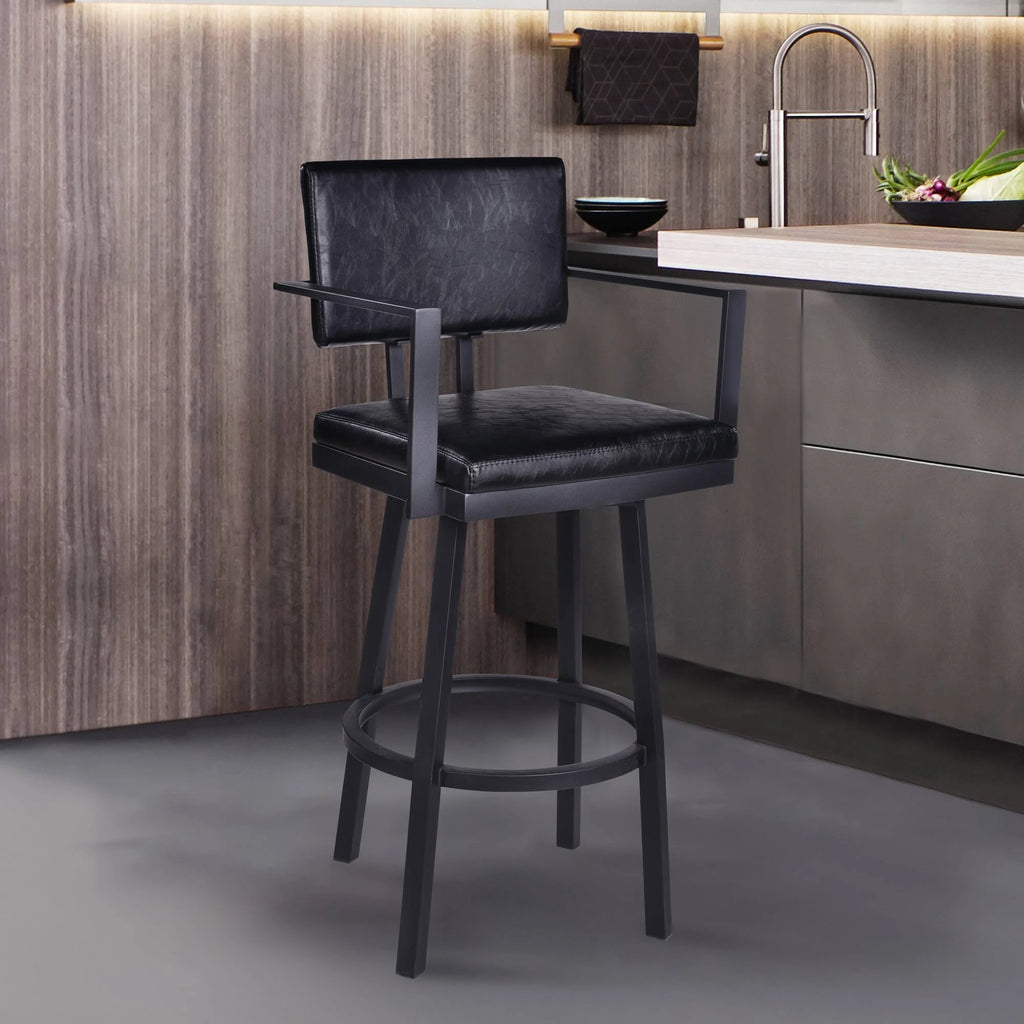 Black Powder Coated Faux Leather Barstool with Arms Y5420