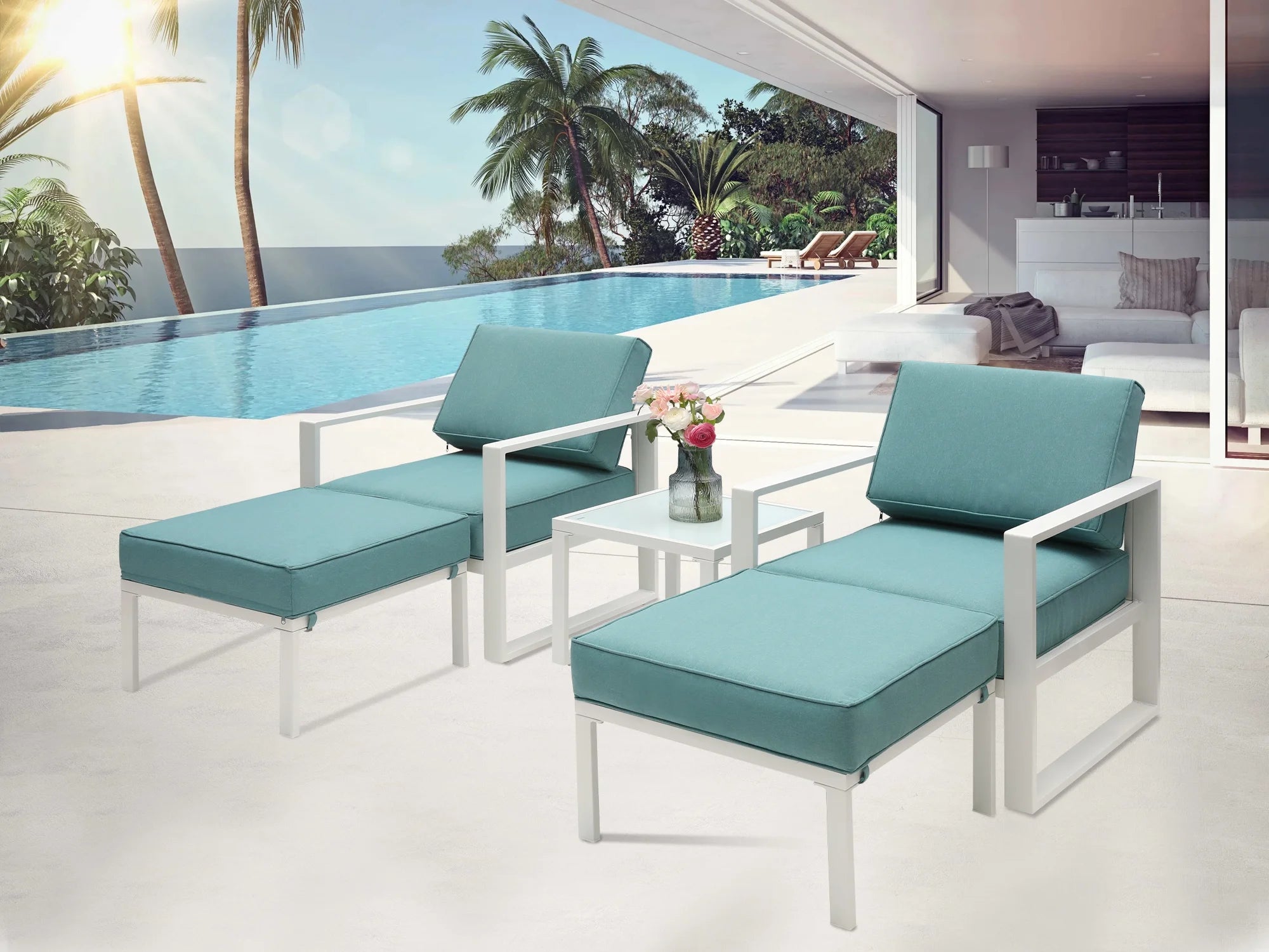 5 Pcs Patio Furniture Set Aluminum Frame Outdoor Sectional Sofa with Ottomans and Coffee, White P538