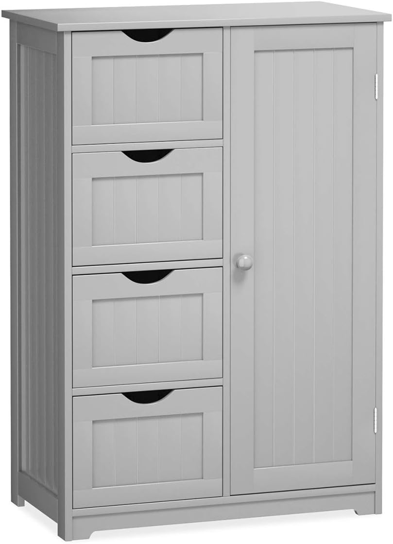 White 1 Door 4 Drawer Wooden Bathroom Floor Cabinet P85870