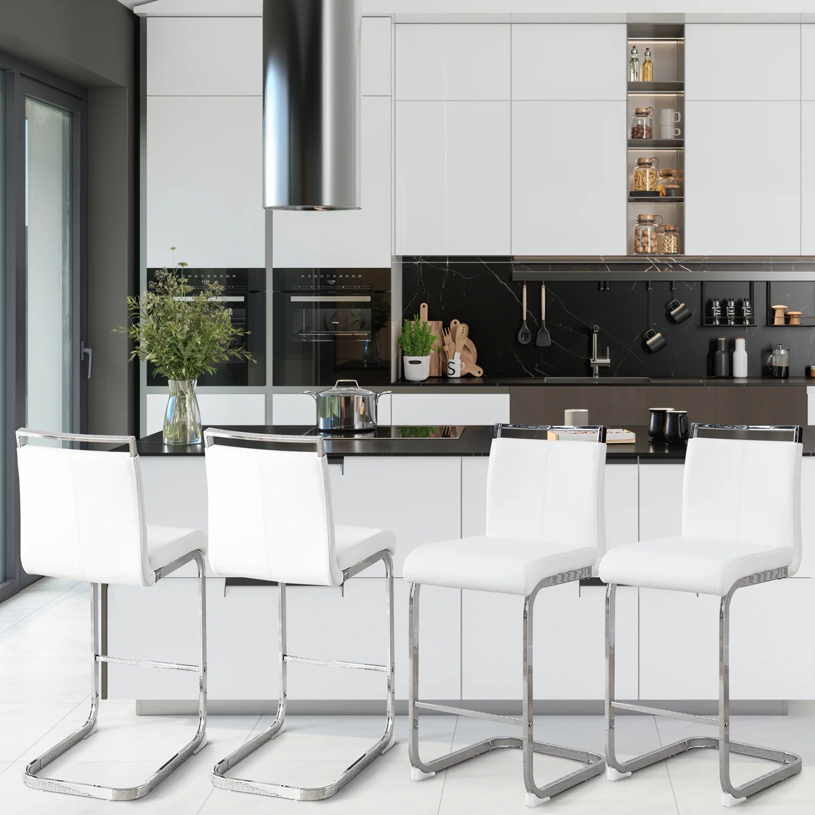 White Leather Counter Height Bar Stools Set of 2 I7621
