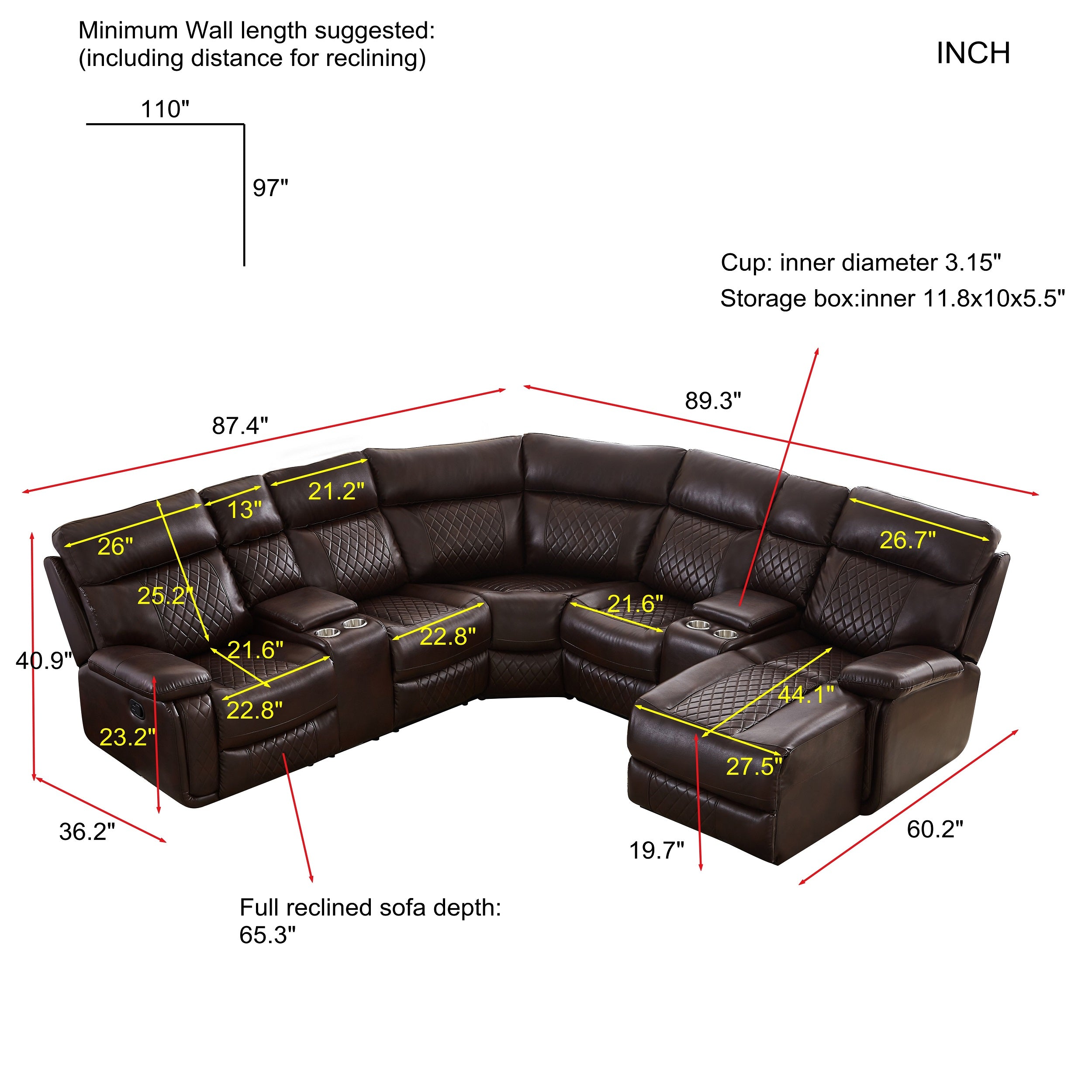 Faux Leather Reclining Sectional Sofa with Cup Holder & Storage L8797