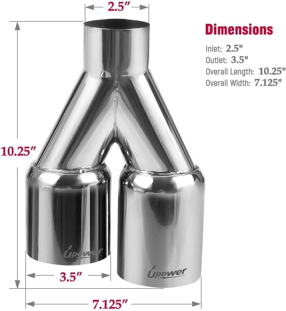 Pair of 304 Stainless Steel Dual Exhaust Tips, 2.5 inch Inlet, 3.5 inch Outlet, 10.25 inch Length, Pack of 2 B45353