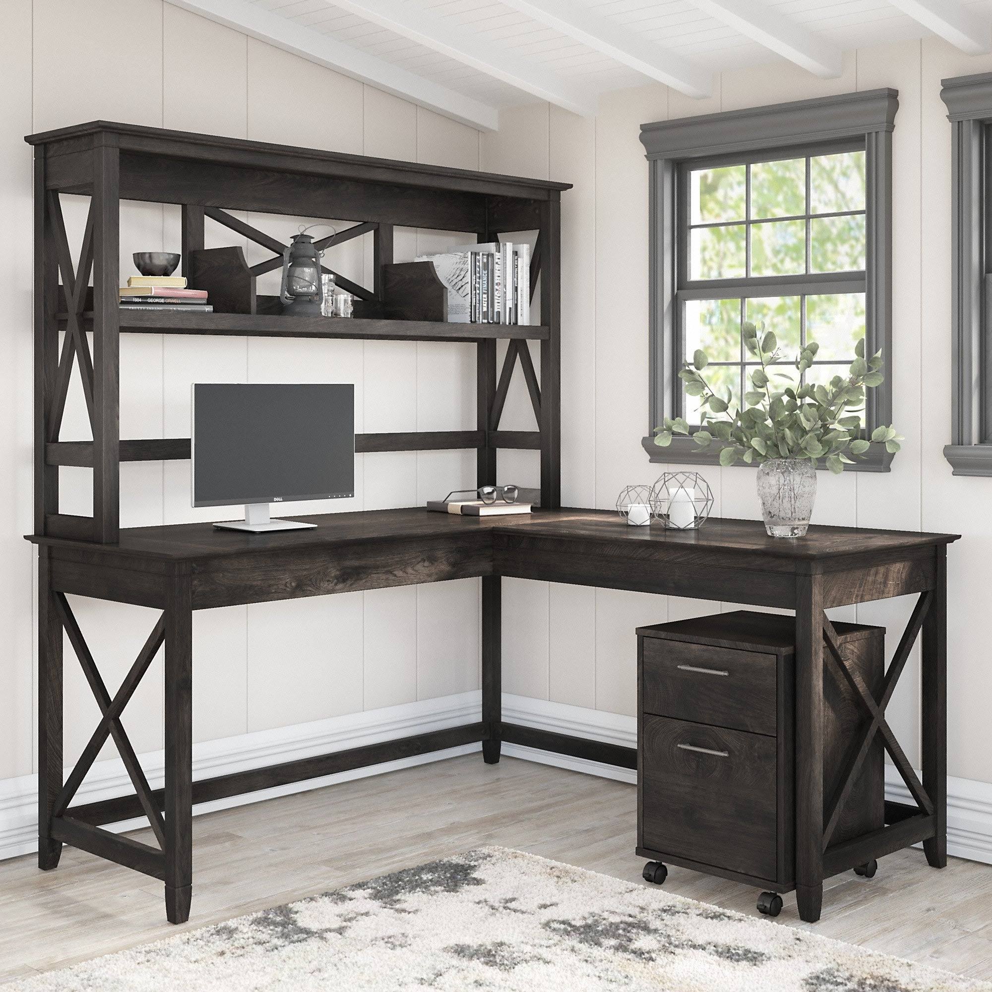Dark Gray Hickory L Shaped Desk with Hutch and 2 Drawer Mobile File Cabinet R943
