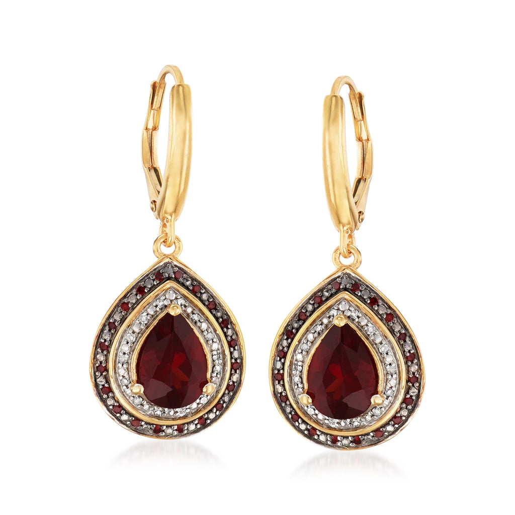 2.60 Carat Garnet and .20 ct. t.w. Red and White Diamond Drop Earrings in 18kt Gold Over Sterling C921245
