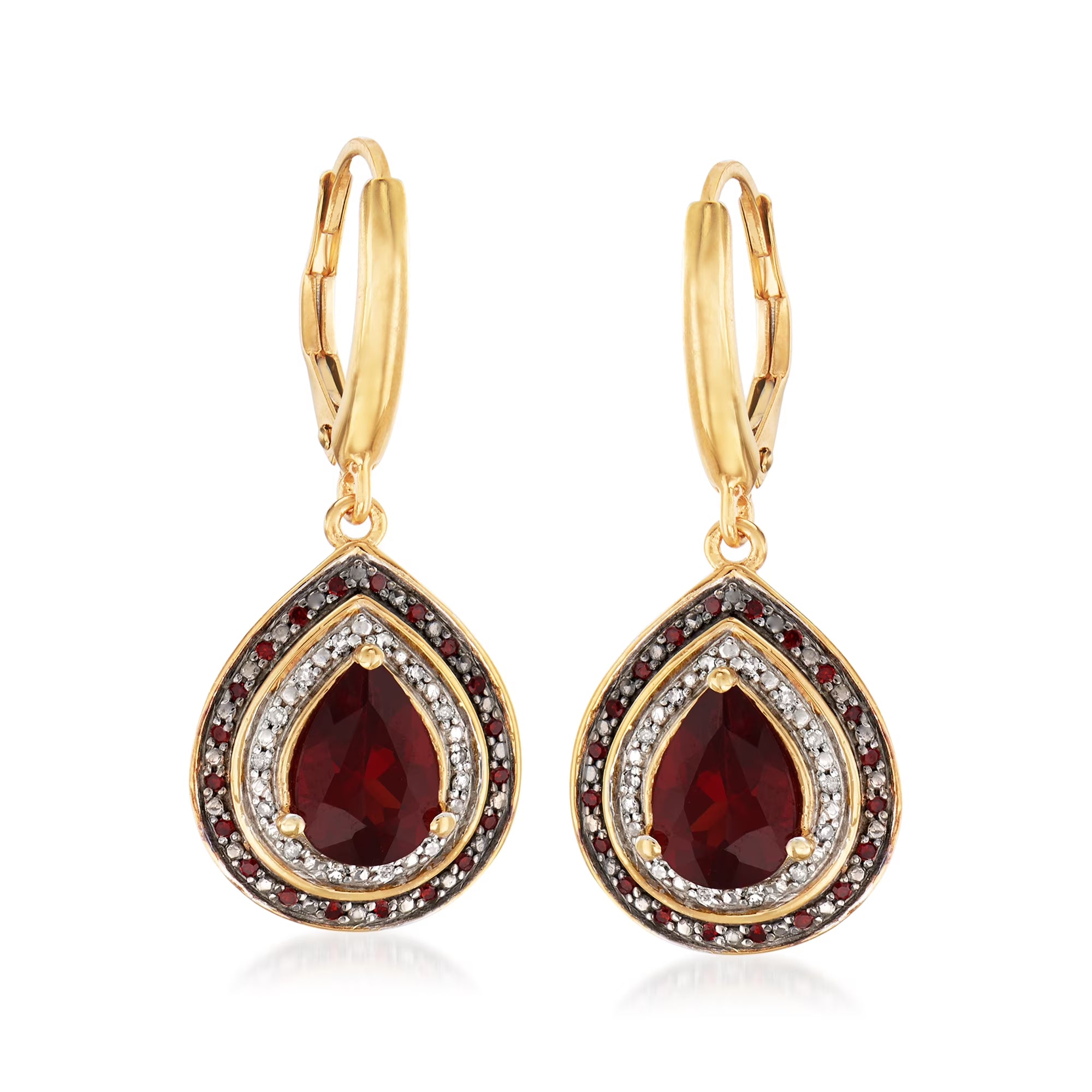 2.60 Carat Garnet and .20 ct. t.w. Red and White Diamond Drop Earrings in 18kt Gold Over Sterling C921245