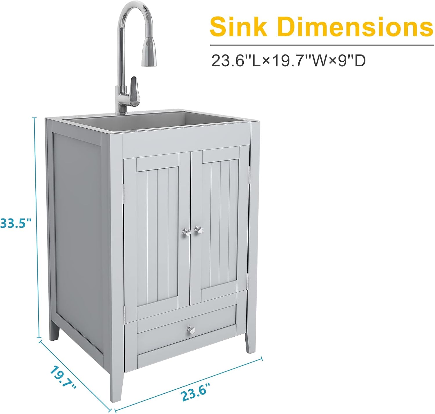 24-Inch Laundry Cabinet with Sink Grey Cabinet with Drawer Stainless Steel Sink Faucet Combo C73880