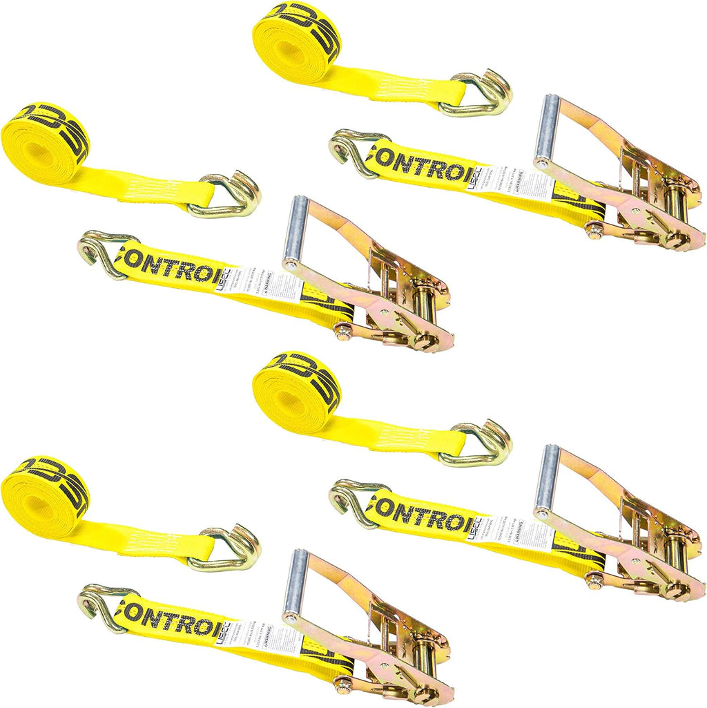 2 Inch x 12 Foot Yellow Ratchet Straps with Double J Hooks - 4 Pack Q494