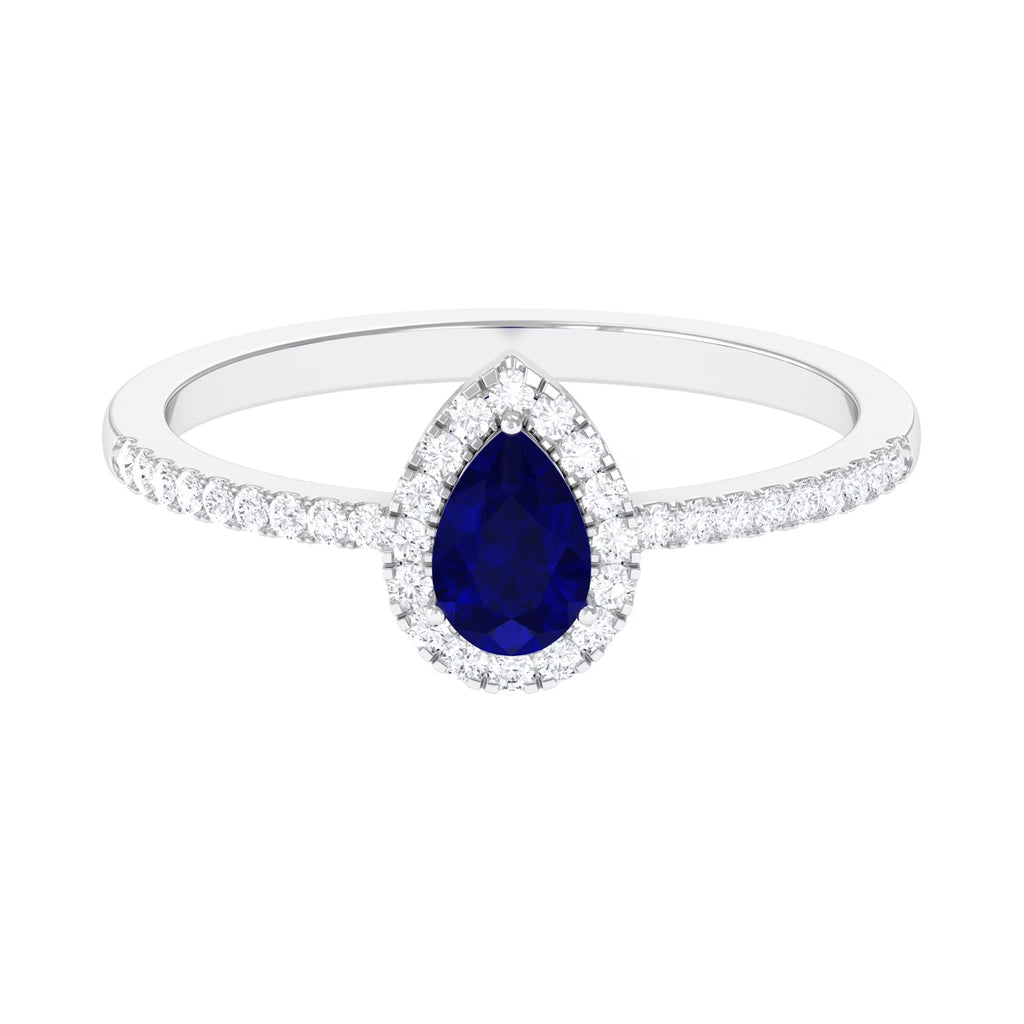 Pear Cut Blue Sapphire Teardrop Ring with Diamond Halo, 925 Sterling Silver, US 8.00 E38289