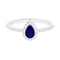 Pear Cut Blue Sapphire Teardrop Ring with Diamond Halo, 925 Sterling Silver, US 8.00 E38289