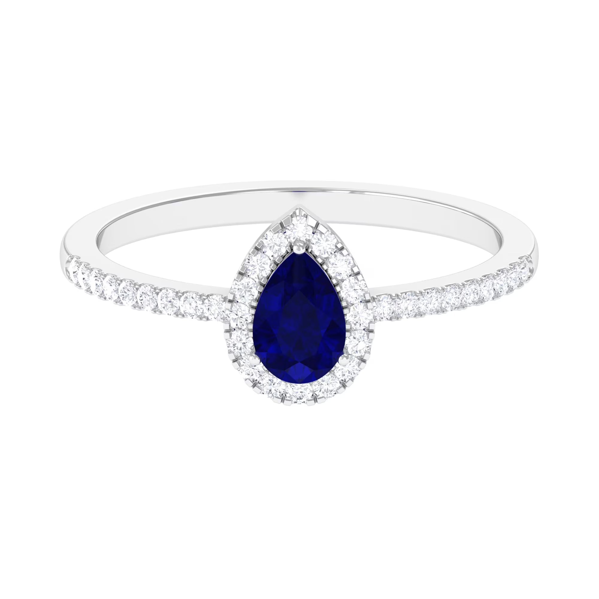 Pear Cut Blue Sapphire Teardrop Ring with Diamond Halo, 925 Sterling Silver, US 8.00 E38289