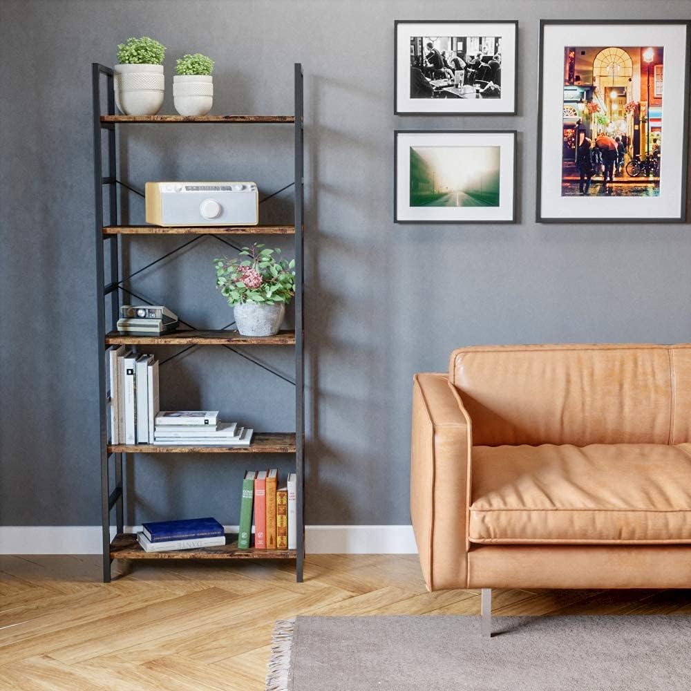 5 Tier Grey Wood Bookcase with Adjustable Shelves T216558