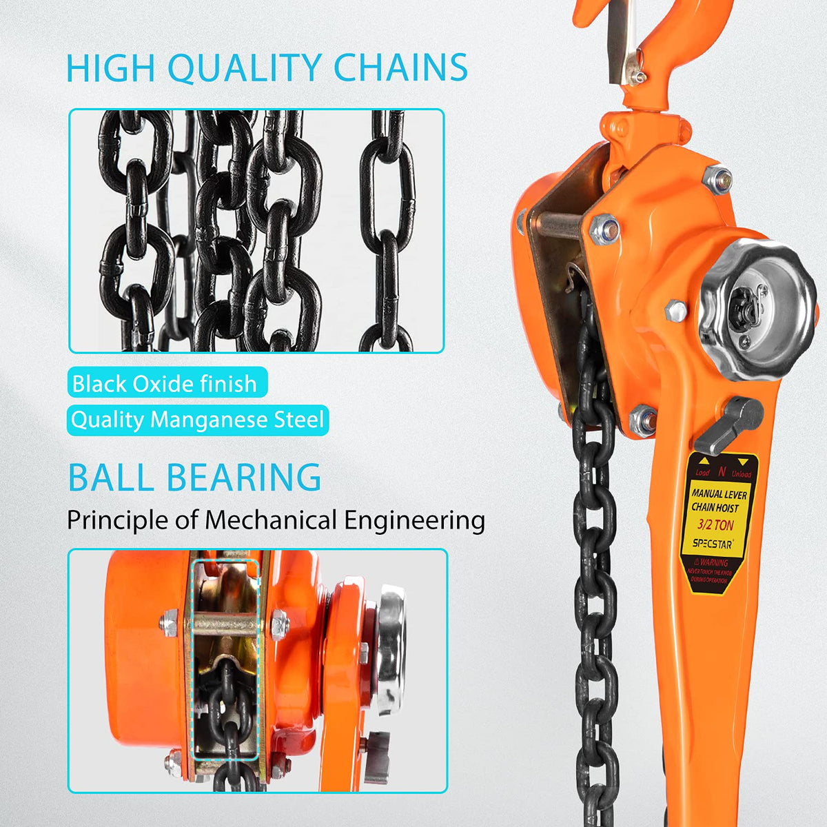 Lever Chain Hoist 1-1/2 Ton Capacity 10 Feet with 2 Hooks F7649