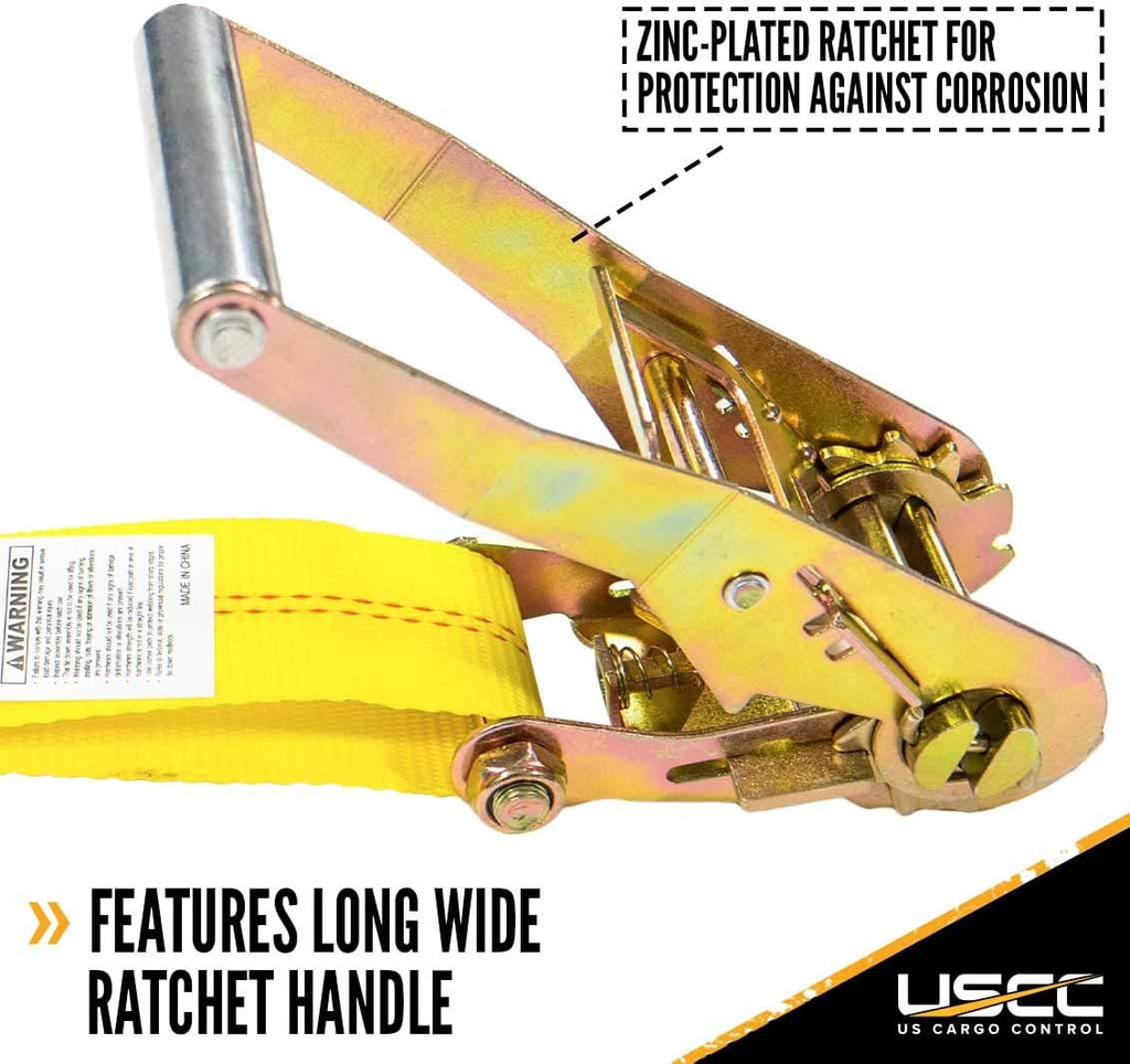 2 Inch x 12 Foot Yellow Ratchet Straps with Double J Hooks - 4 Pack Q494