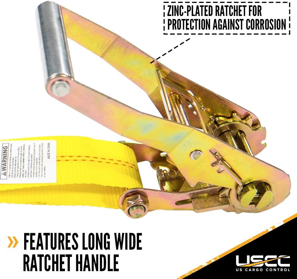 2 Inch x 12 Foot Yellow Ratchet Straps with Double J Hooks - 4 Pack Q494