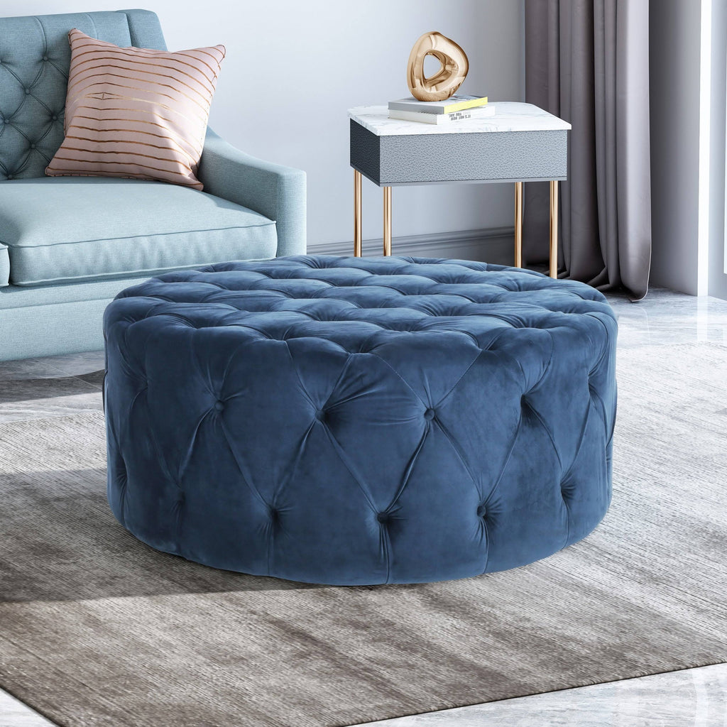 Gray Round Tufted Velvet Ottoman U721957