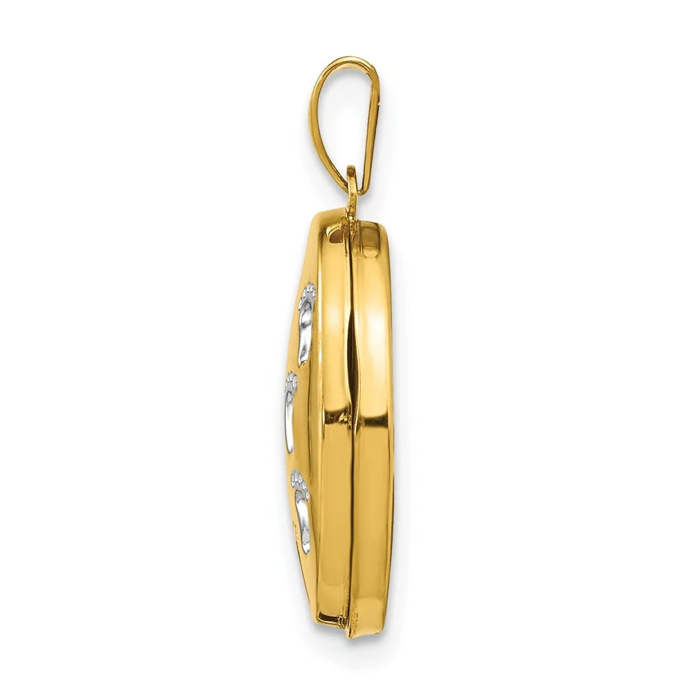 14K Yellow Gold White Rhodium Plated Footprints Locket S350