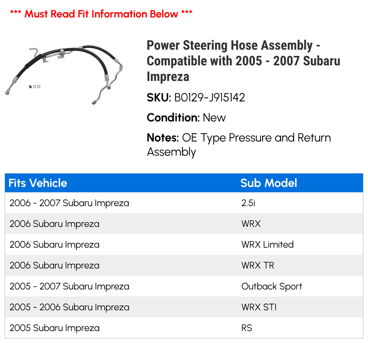 Power Steering Hose Assembly for 2005-2007 Subaru Impreza C587