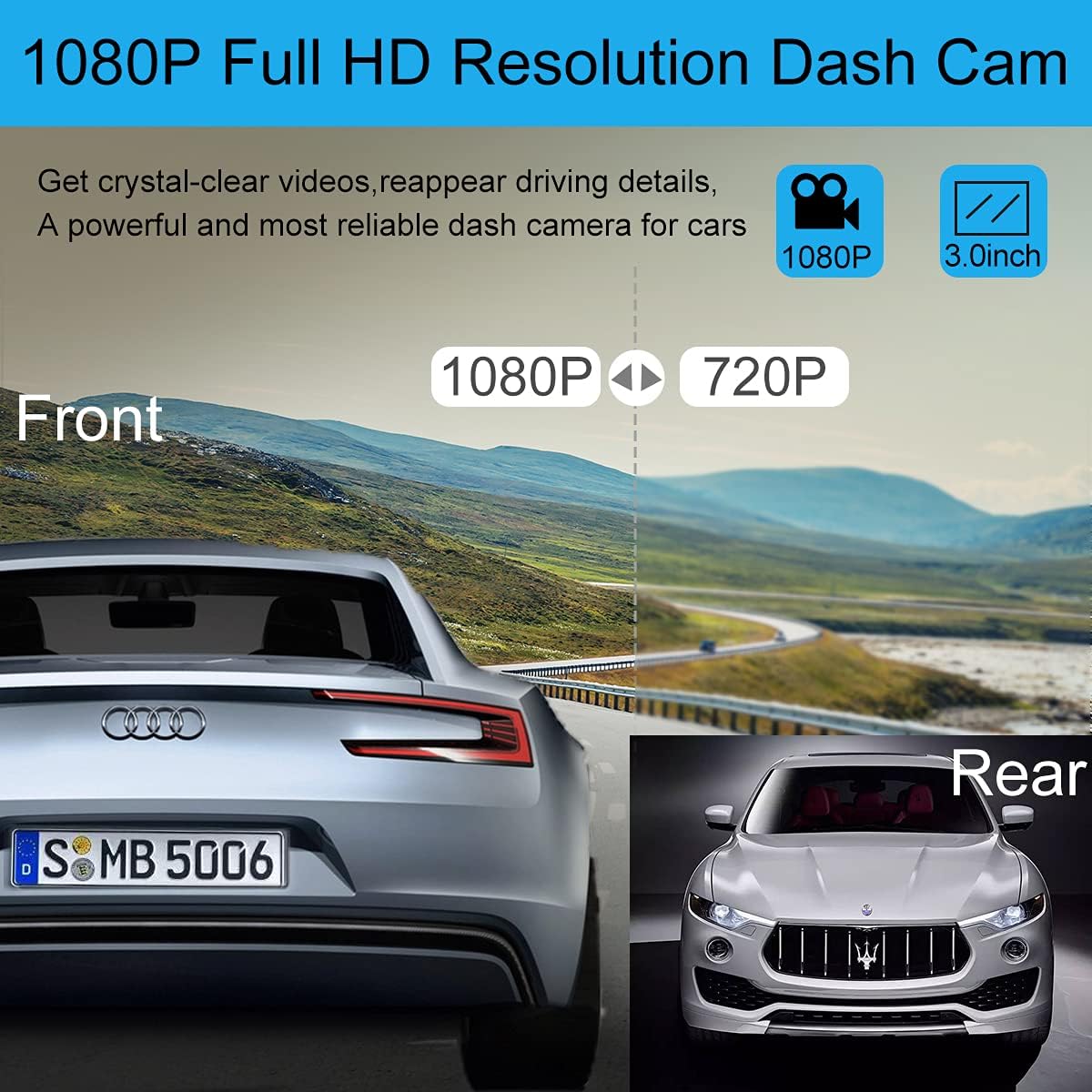 Dash Cam Front and Rear 1080P Full HD Dual Dash Cam 3 IPS Screen Night Vision 170° Wide Angle Motion Detection Parking Monitor G-Sensor with SD Card Pack of 2 U851175