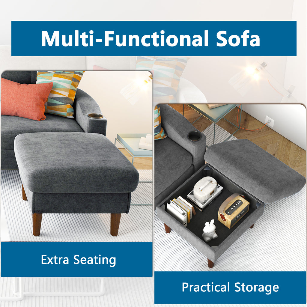 Convertible L-Shaped Combo Sofa with USB Port, Cup Holder, Storage Ottoman, Dark Gray X706813