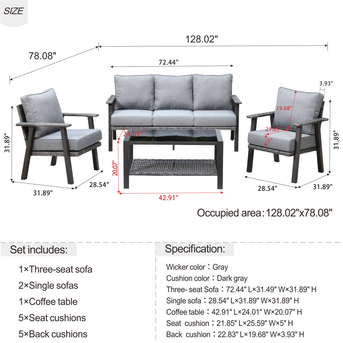 4 Piece Outdoor Wicker Sectional Sofa with 5" Cushions Q258023