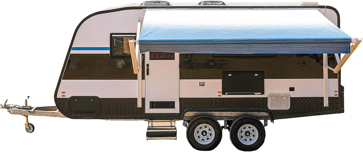 Motorized Retractable RV Trailer Awning 10x8 Ft Blue Stripes Y984091