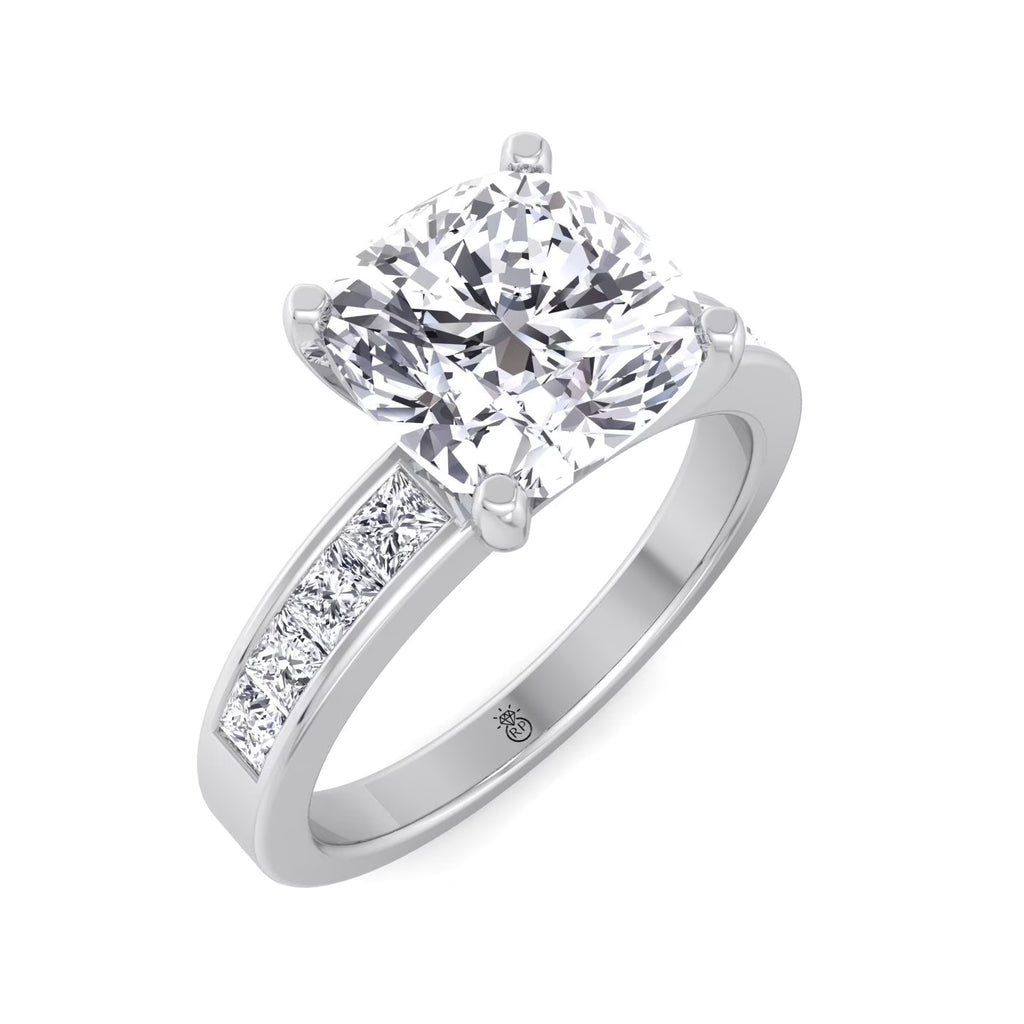 Moissanite Cushion Cut Lab Diamond Engagement Ring With Princess Cut Sidestones I1815