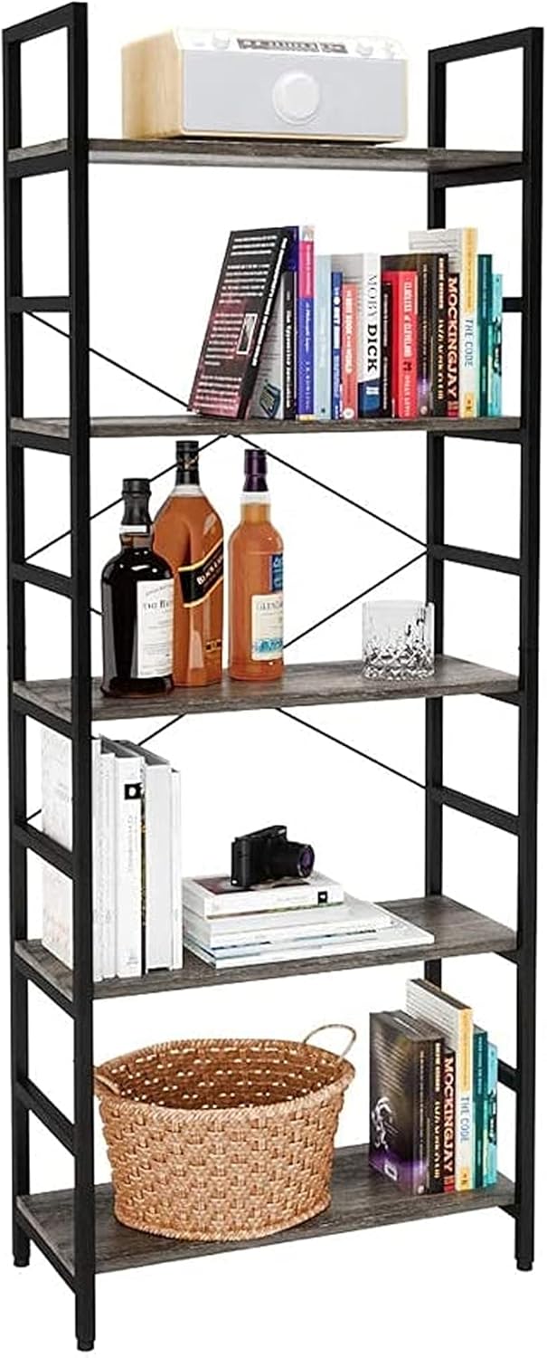 5 Tier Grey Wood Bookcase with Adjustable Shelves T216558
