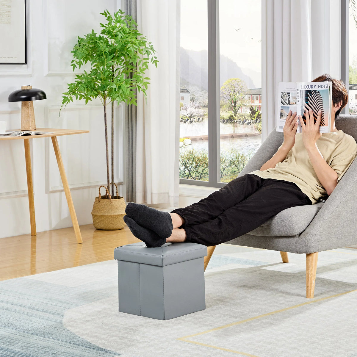 Gray Faux Leather Folding Storage Ottoman Bench, Set of 2 Q591