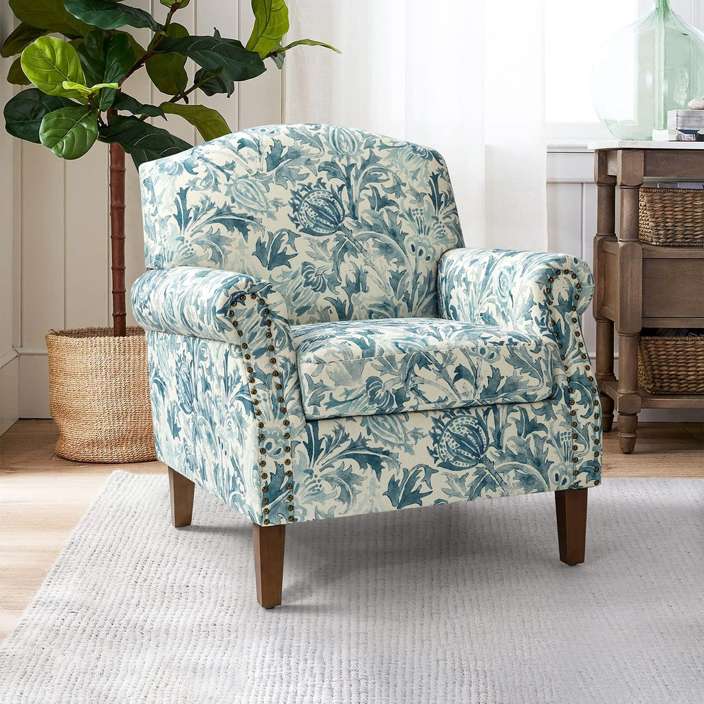 Accent Chair With Wood Legs & Removable Cushion, Floral Design Single Sofa I342
