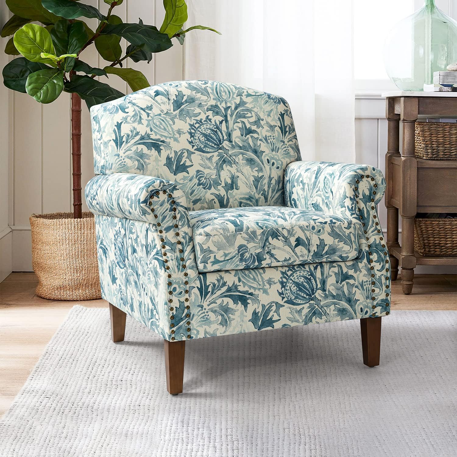 Accent Chair With Wood Legs & Removable Cushion, Floral Design Single Sofa I342