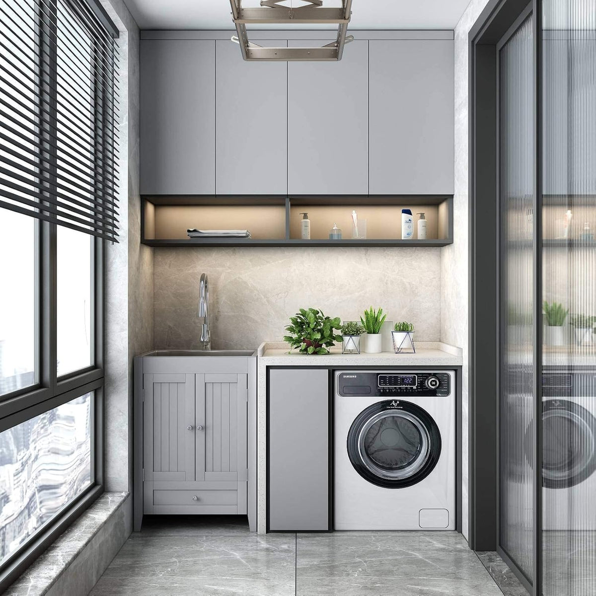 24-Inch Laundry Cabinet with Sink Grey Cabinet with Drawer Stainless Steel Sink Faucet Combo C73880
