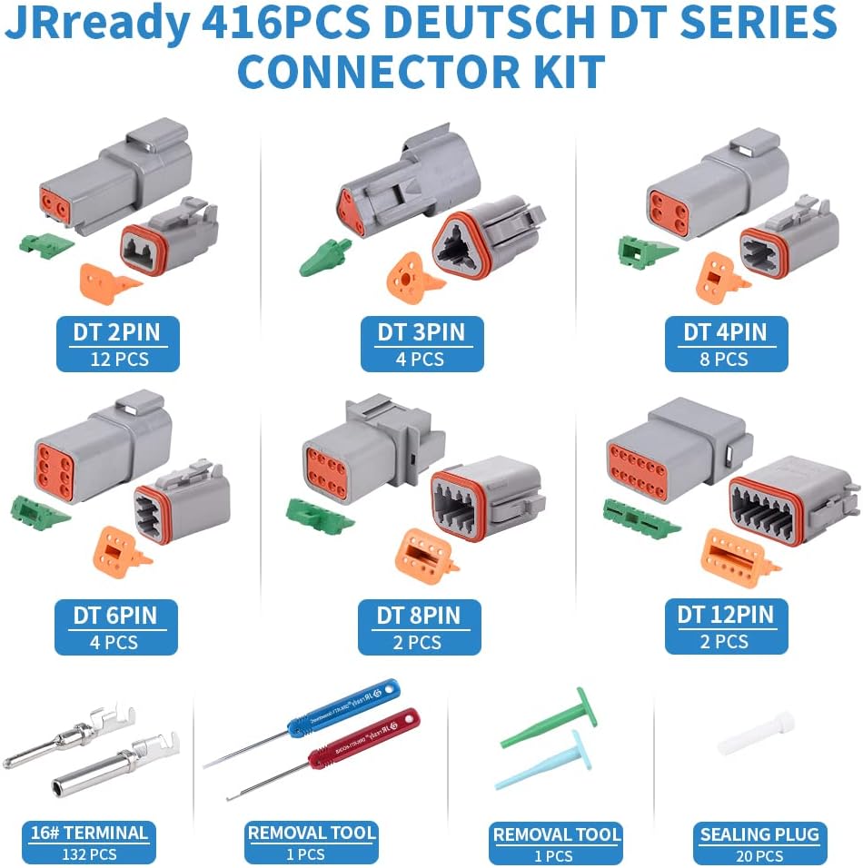 DEUTSCH DT Connector Kit, 12 Sets 2 Pin Connector, 132 Sets Size 16 Stamped Formed Contacts, Wedgelock & Pin Extraction Tools N34815